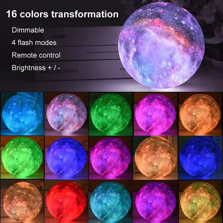 The Celestial 3D Moon Lamp LED Night Light displays 16 captivating colors with a featured purple glow and smaller images of green, pink, and red hues. Text highlights: 16 color transformations, dimmable, 4 flash modes, remote control, brightness adjustable. Perfect starry decor gift.