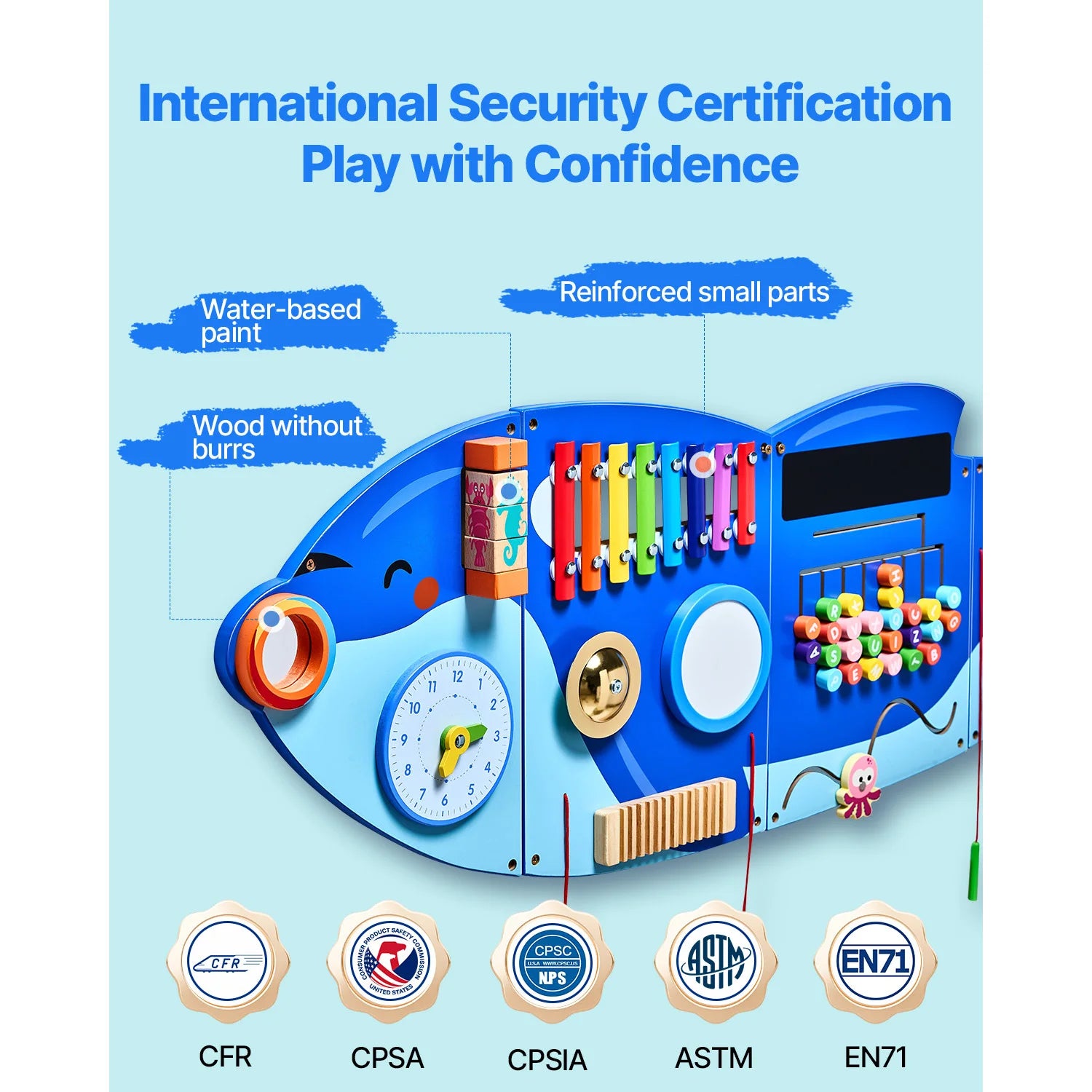 The Vevor Orca Kids Wall Busy Board offers 12 Montessori sensory activities for ages 3-12, featuring smooth wooden build, water-based paint, reinforced parts, and five international safety certifications displayed below.