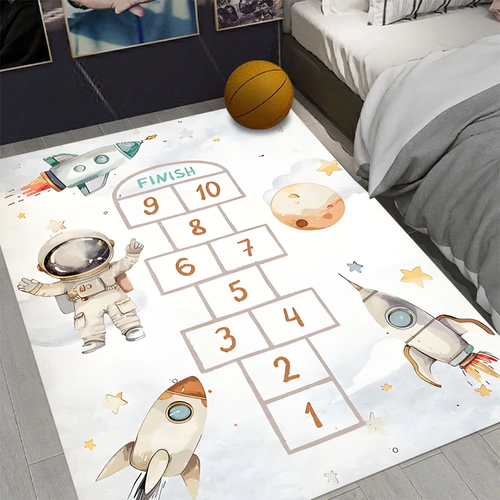 The Hopscotch Printing Carpet in color 4 is a modern, non-slip polyester rug with squares numbered 1-10 and space-themed designs. Place this washable mat by your bed for playful decor; shown here with a basketball on top.