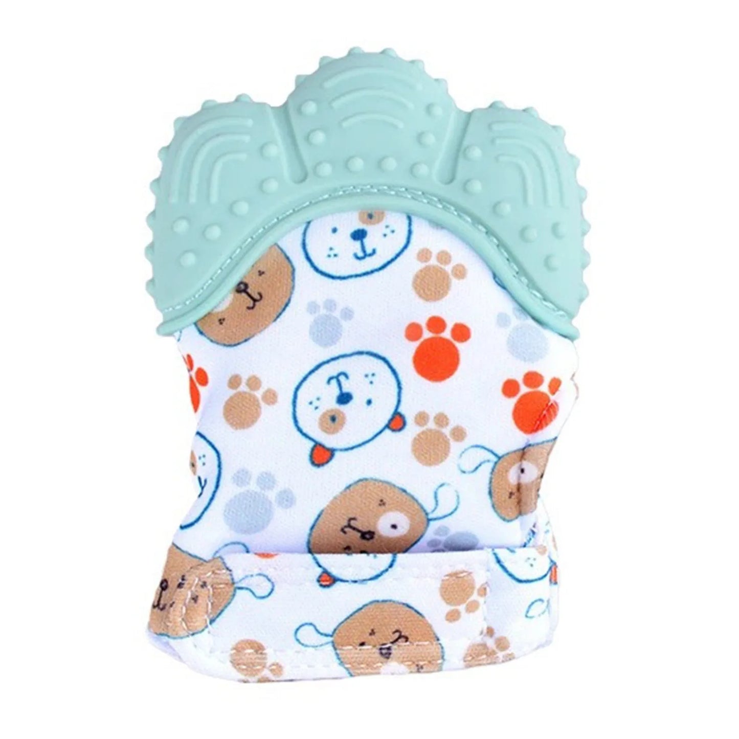 The Baby Silicone Mitts Teething Mitten features a light blue silicone top shaped like a paw and fabric adorned with cartoon dog faces and paw prints in brown, orange, and light blue. Crafted from safe materials, it ensures comfort and safety for your little one.