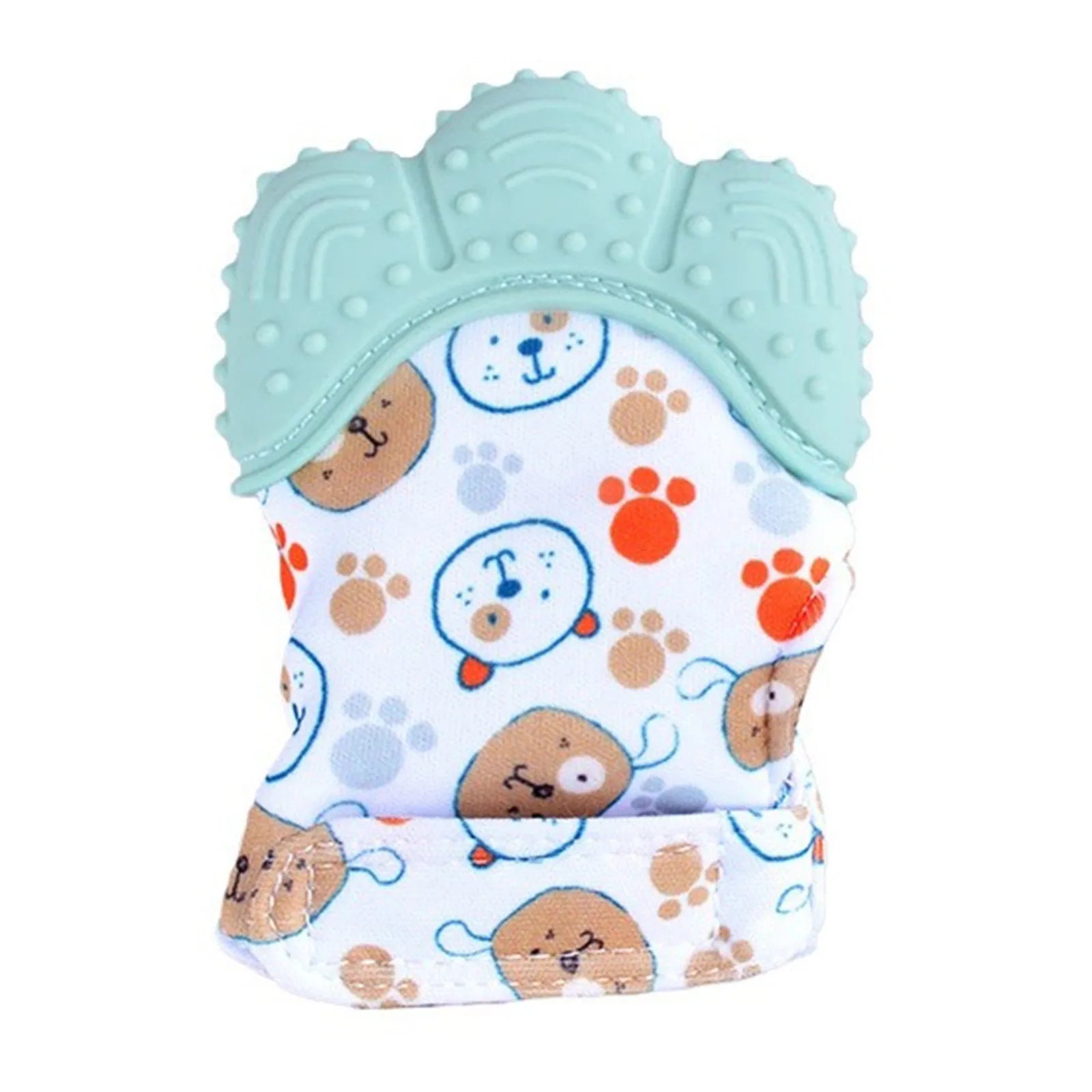 The Baby Silicone Mitts Teething Mitten features a light blue silicone top shaped like a paw and fabric adorned with cartoon dog faces and paw prints in brown, orange, and light blue. Crafted from safe materials, it ensures comfort and safety for your little one.