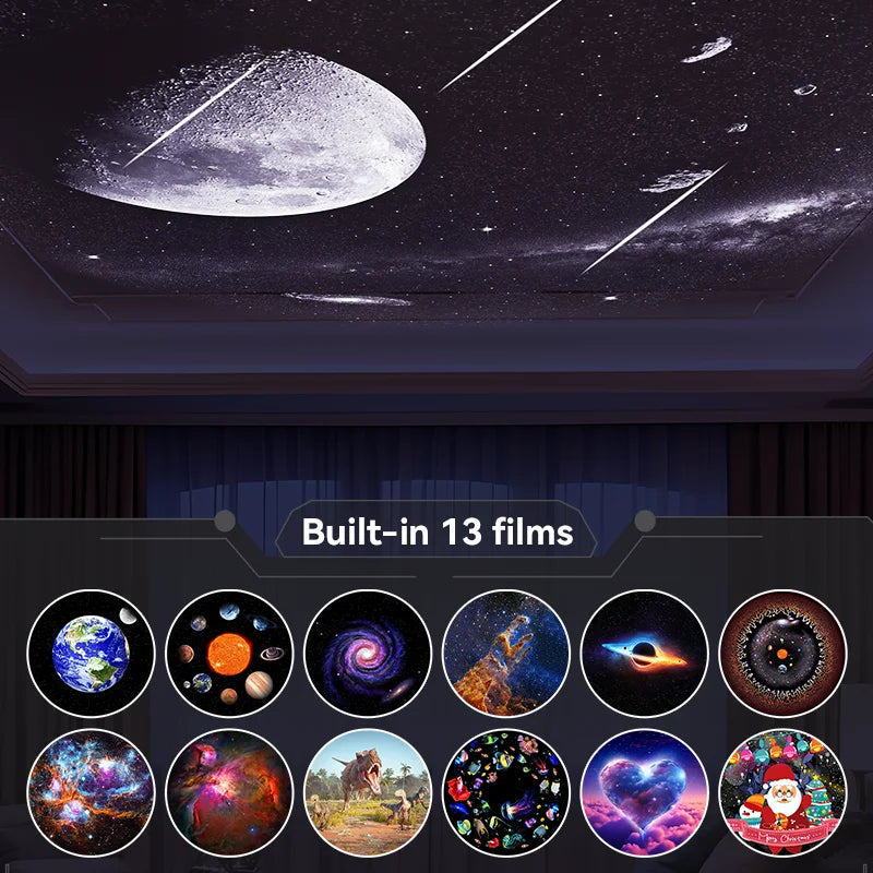 The 12 IN 1 Galaxy Star Projector with Meteor includes ultra-clear LED night light effects and 12 projector films featuring planets, galaxies, dinosaurs, underwater scenes, Christmas designs, and more for immersive ceiling displays.