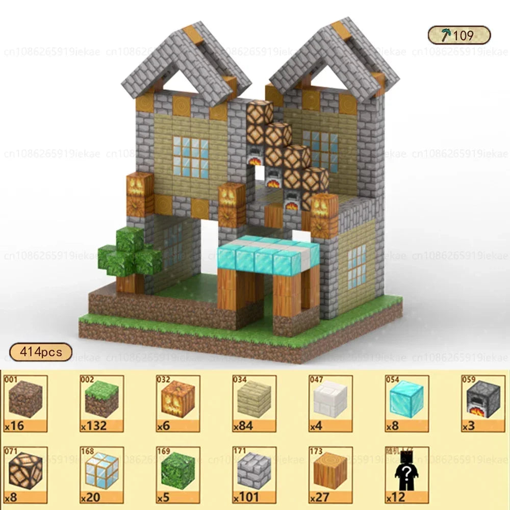 A Minecraft-style house built from the Magnetic Building Blocks Mine World Magnet Cube Set (T109-414PCS) features grey, yellow, and brown bricks with blue accents, a tree on the left, and a piece count list shown at the bottom.