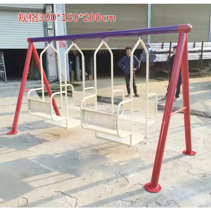 The Outdoor Steel Climbing Frame Swing aids childrens sensory integration. With a red metal frame and white seats, it features two house-shaped swings. Dimensions 300*150*200cm are in bold red, while two people stand by a building in the background.