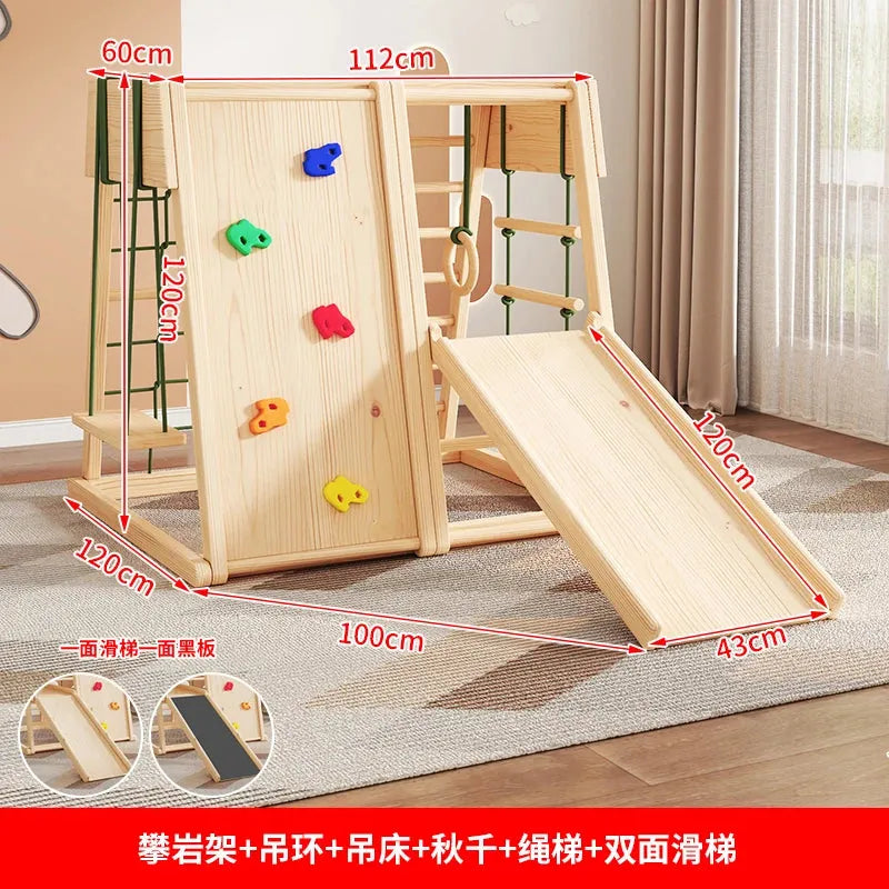 The Indoor Wooden Climbing Frame for Kids with Slide and Swing, set on a light wood floor with curtains in the background, features a climbing wall, ladder, and slide. This sensory play set is perfect for little adventurers, with measurements conveniently displayed in centimeters.