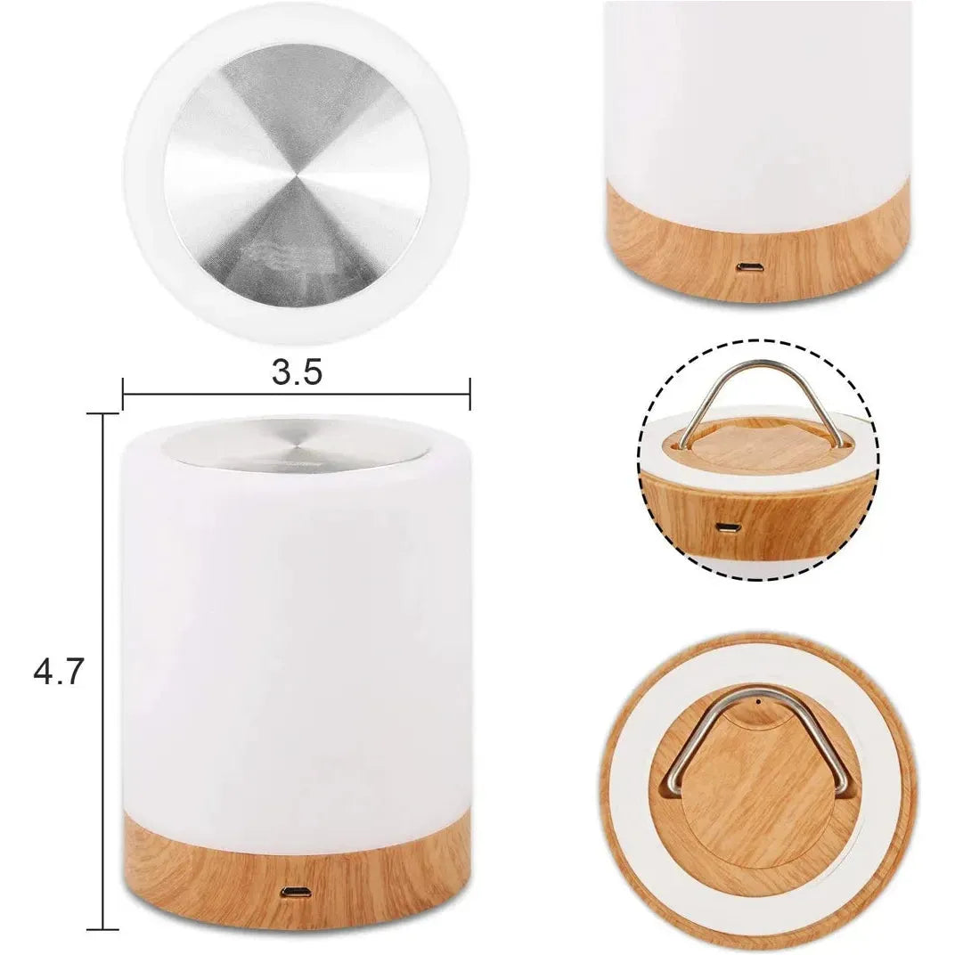 This small cylindrical speaker has a wooden base, white body, and silver top with a handle and charging port. It doubles as a stylish LED night light with RGB and warm white options. Rechargeable for convenience, it measures 3.5 inches in diameter and 4.7 inches tall—perfect for kids rooms or gifts.