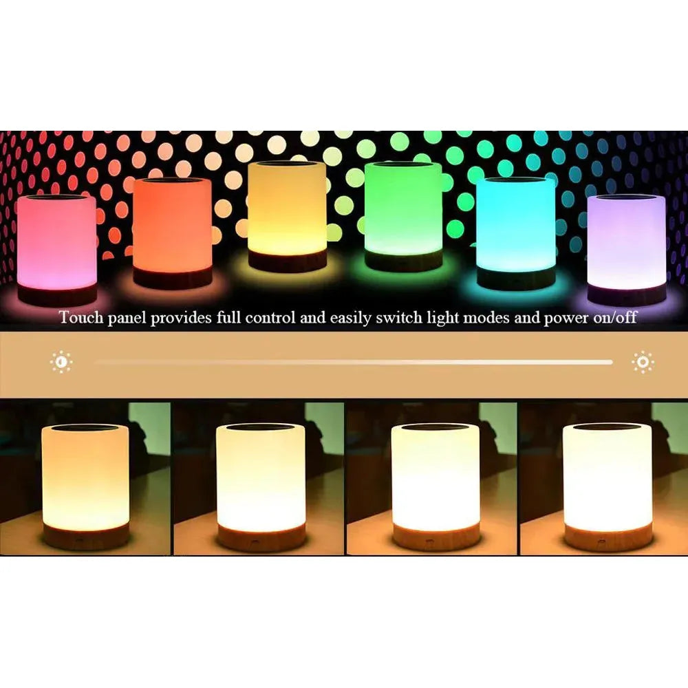 An image of Portable Touch-Sensitive LED Night Lights with wooden bases in red, green, blue, and purple. Also shown in warm hues. The caption emphasizes the touch panel for light modes and power. Ideal for kids rooms and gifts, featuring rechargeable battery and RGB options.
