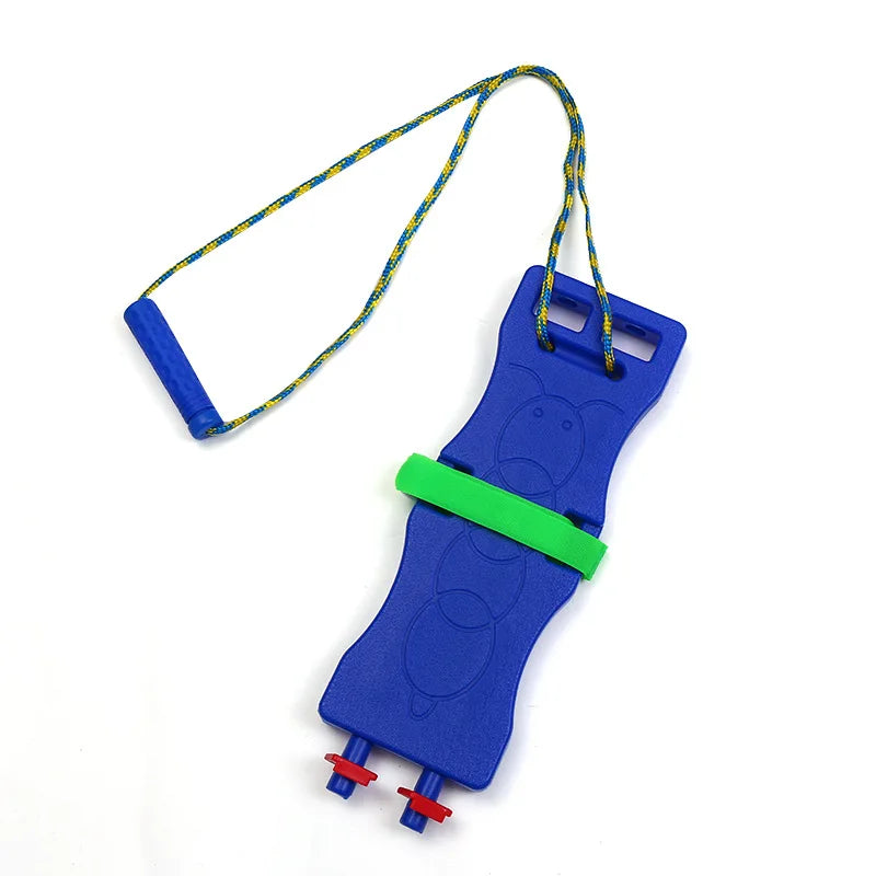 A blue plastic hand grip strengthener with a woven rope handle and green foam pad for comfort, featuring two red adjustable knobs, perfect for sensory training and hand exercises.