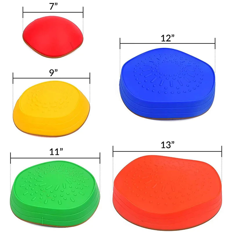 The Kids 5-Piece Outdoor Balance Stepping Stones Set features vibrant pods: Top left red (7), top right blue (12), bottom left yellow (9), bottom middle green (11), and bottom right red (13). Each has a textured surface for secure stepping in an exciting obstacle course.