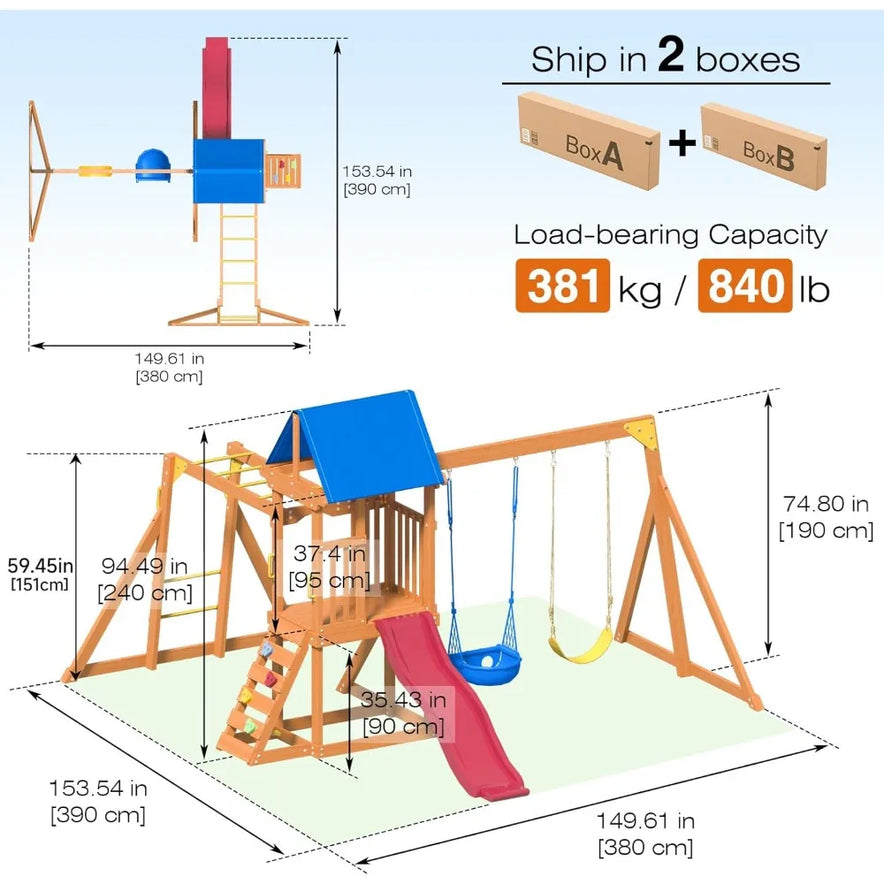 The Wooden backyard swing, slide, climbing wall, and sandbox features a colorful canopy for outdoor games. Designed for children aged 3-6; 381 kg load, 151 cm height, 380 cm length. Ships in two large boxes (A & B).