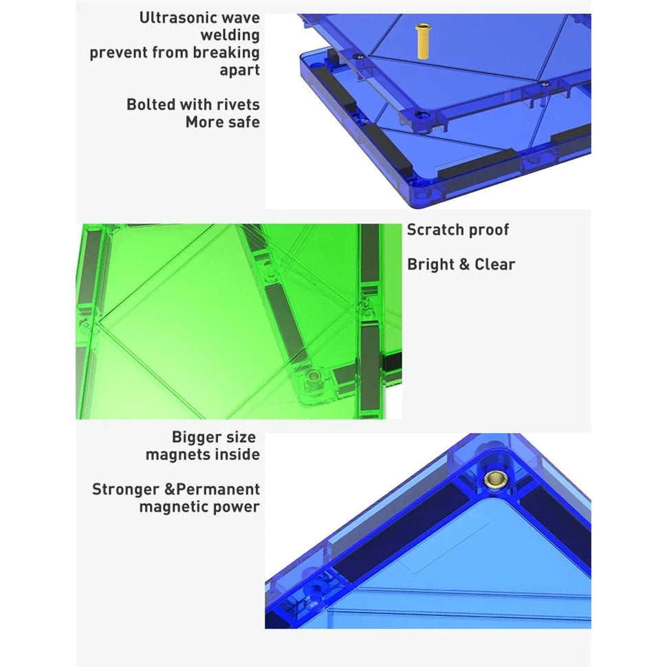 The close-up images highlight Magplayer Magnetic Construction Blocks for Kids in blue and green, with ultrasonic wave welding and rivets. They are scratch-proof, offer bright clarity, and contain large internal magnets for strong magnetic power—perfect for STEM learning.