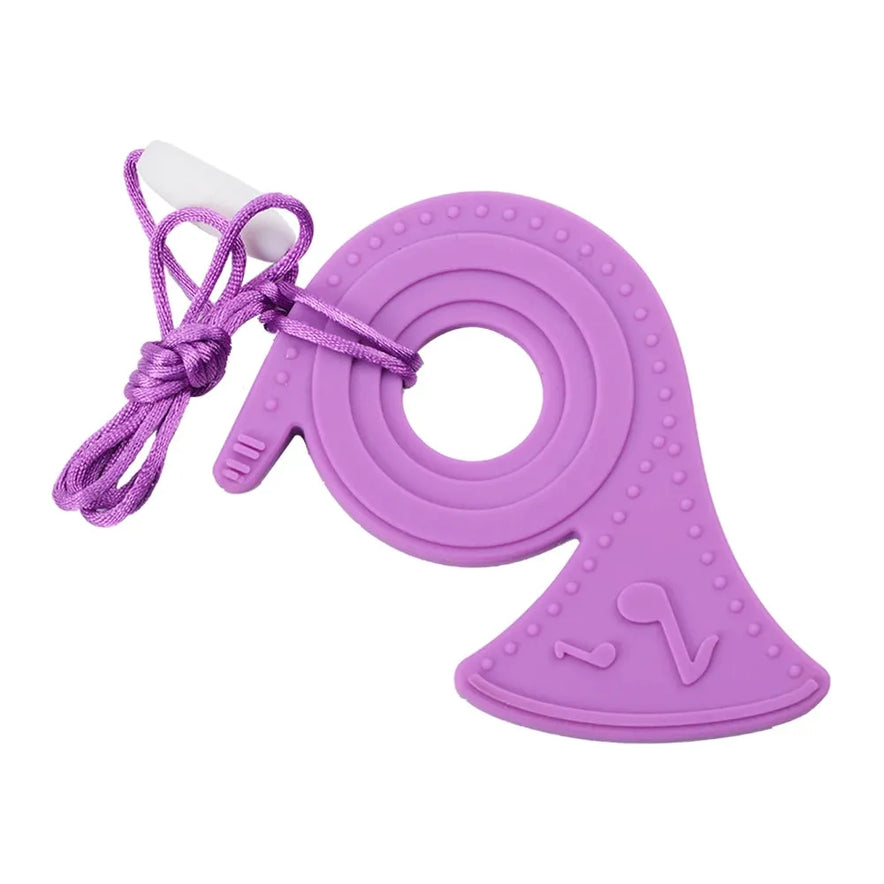 The Silicone Chewable Necklace for Kids, shaped like a musical note, is a purple sensory teether ideal for autism and ADHD therapy. Featuring textured dots and a matching cord, its perfect for children seeking oral motor or sensory support.