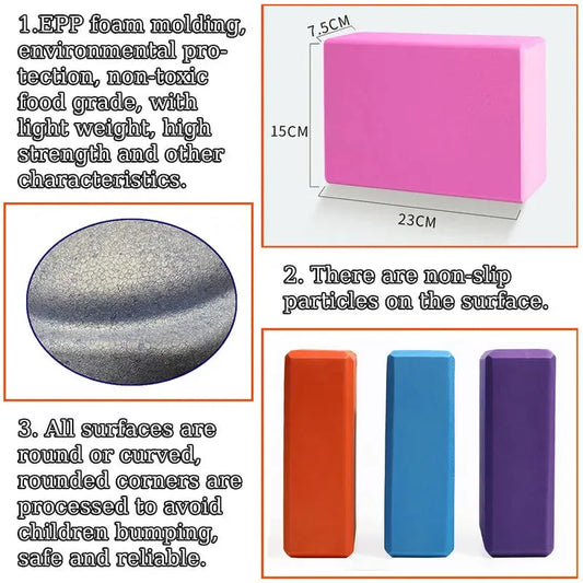 A collage displays Montessori Sensory Balance Stones for Outdoor Play, featuring a pink foam block (23x7.5x15cm) ideal for sports. Insets show texture details. Text highlights its non-toxic, lightweight, non-slip surface with rounded edges, available in pink, orange, and blue.