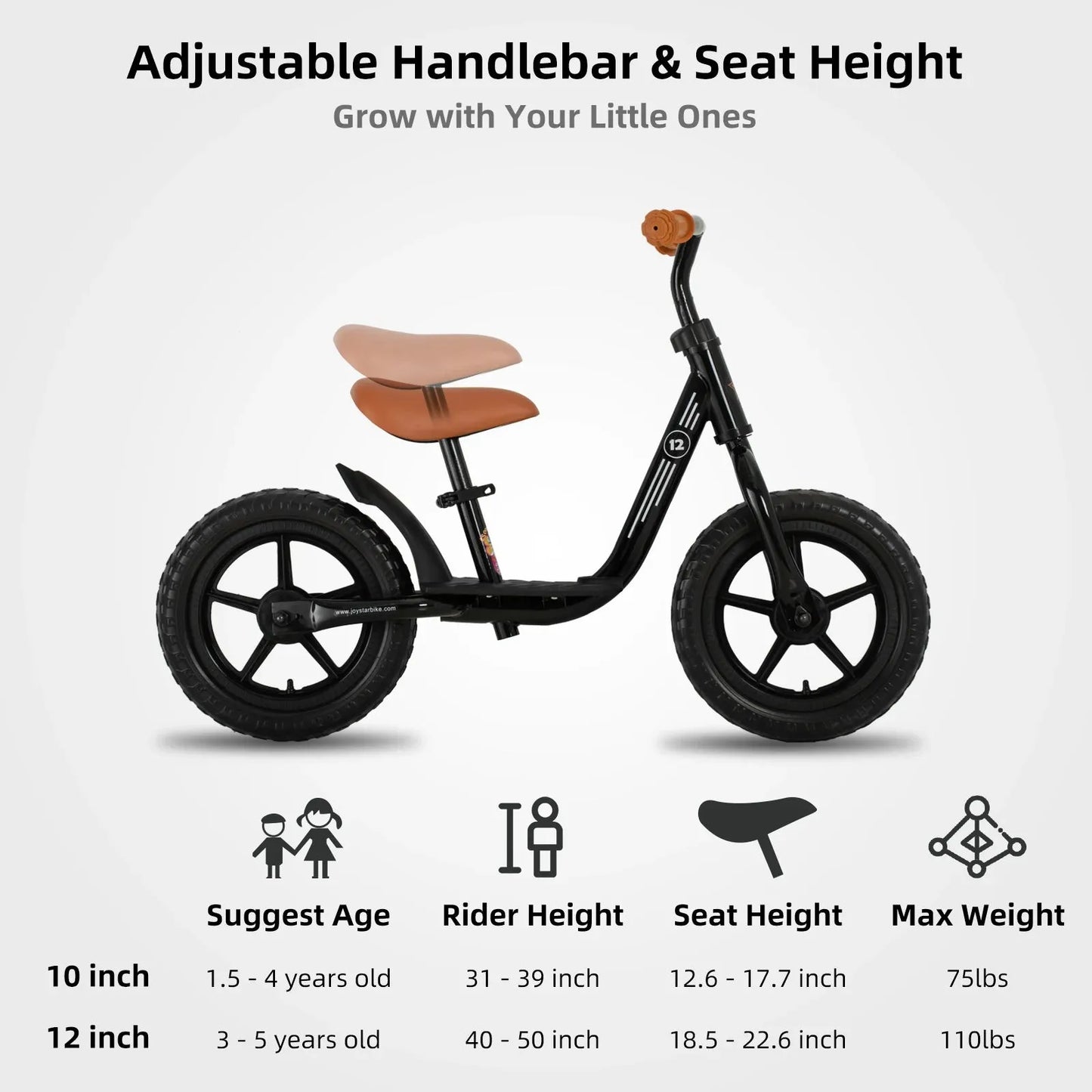 The JOYSTAR Kids Balance Bike for toddlers aged 18 months to 5 years is a sleek black push bike with a brown seat and handlebars, adjustable seat height from 12.6-17.5 inches, accommodating rider heights of 31-39 inches, and a max weight capacity of 75 lbs.