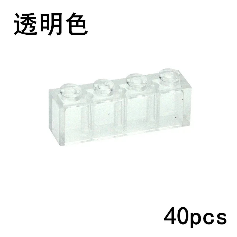 A MOC Transparent Bulk Brick 1x4 in clear, compatible with Lego, is shown. Chinese text says transparent color; lower right reads 40pcs—perfect for enhancing any building block collection.