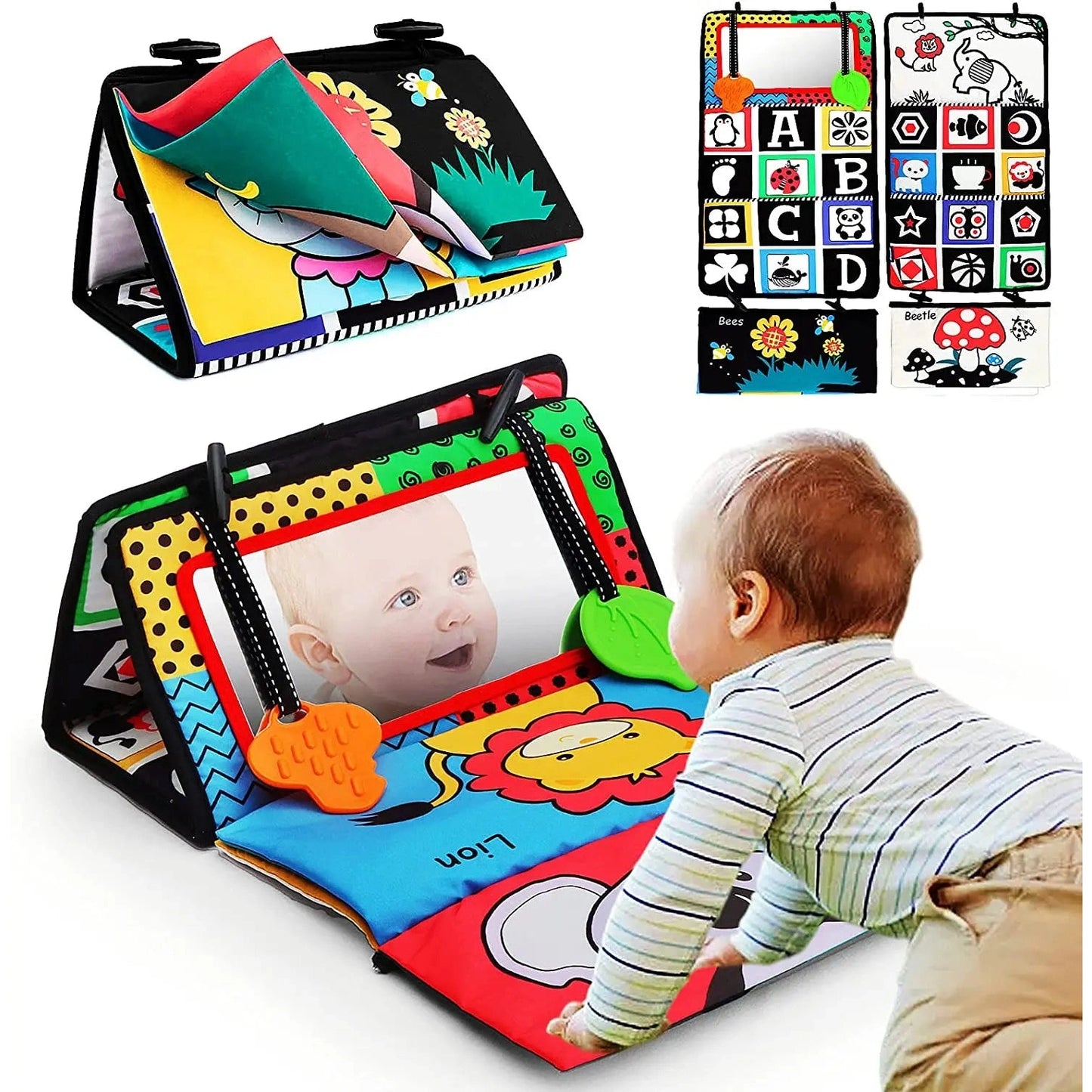 A baby engages with the Crinkle Cloth Book Visual Stimulation Toy, featuring colorful patterns, animal illustrations, a tummy time mirror, textured fabric, and teething toys for sensory exploration and brain development.