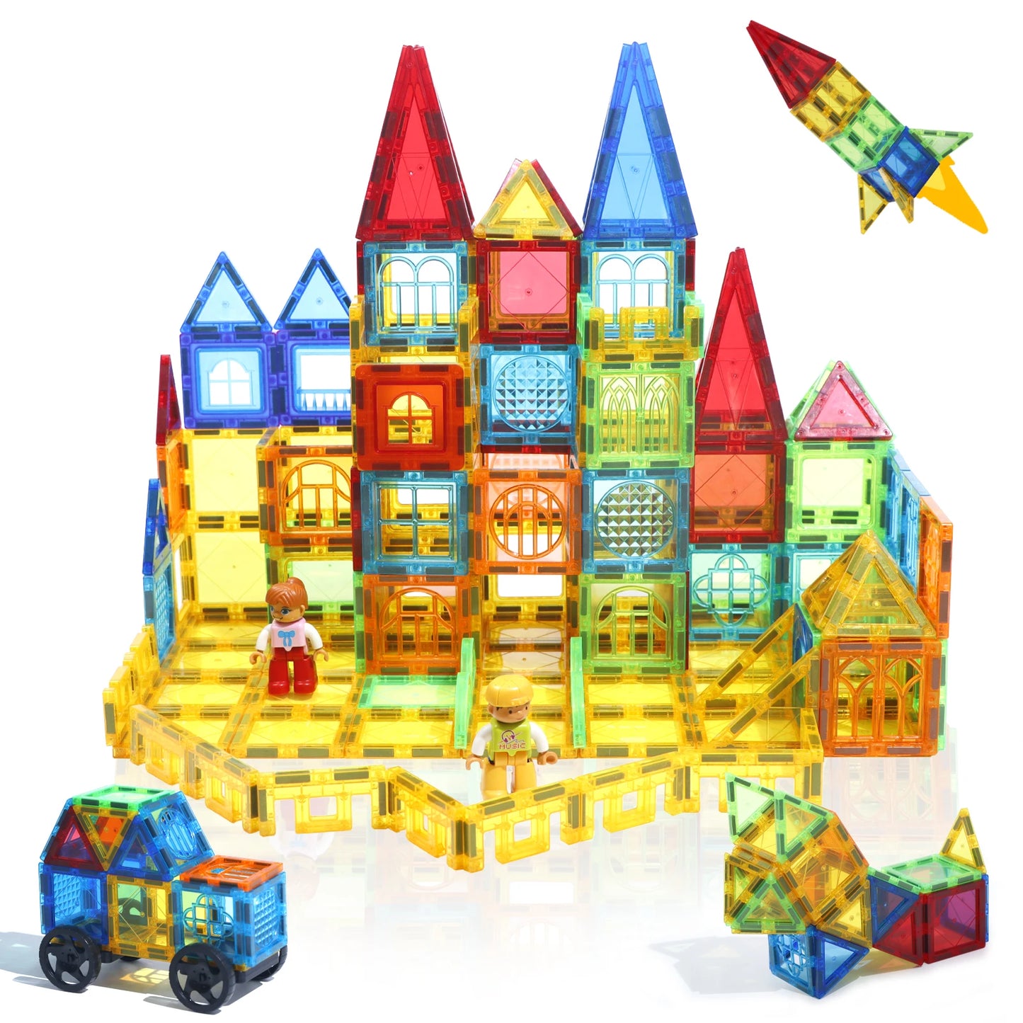 A vibrant castle made from the Creative Magnetic Building Blocks Set for Kids showcases geometric shapes. Two toy figures stand in front of a tile rocket and car. The colorful tiles, in red, blue, yellow, green, and clear, create an engaging educational experience.