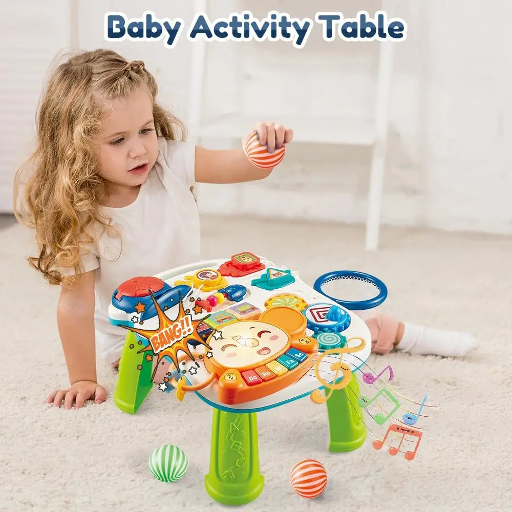 A young girl plays on the floor with the VATOS Baby Walker 5 in 1 Sit-to-Stand Learning Scooter, featuring buttons, gears, and music. She holds a striped ball as other balls and musical notes surround her. Text: VATOS Baby Walker Table Toys.