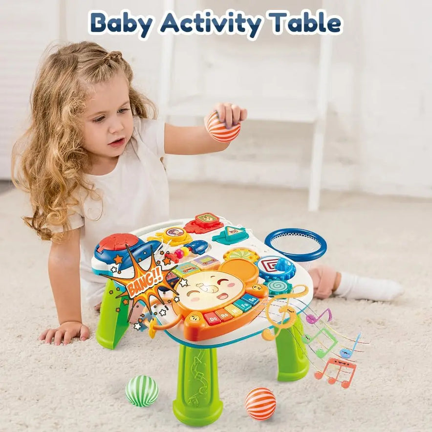 A young girl plays on the floor with the VATOS Baby Walker 5 in 1 Sit-to-Stand Learning Scooter, featuring buttons, gears, and music. She holds a striped ball as other balls and musical notes surround her. Text: VATOS Baby Walker Table Toys.