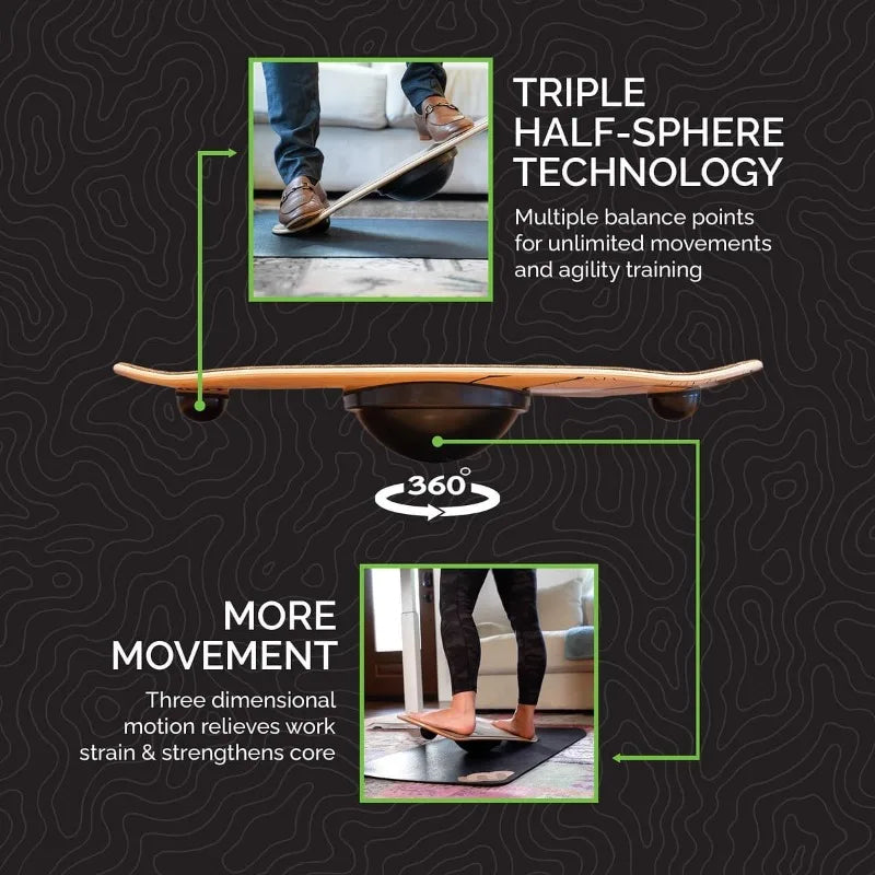 The Wide Standing Desk Balance Board for Anti Fatigue Comfort features triple half-sphere technology, providing 3D motion and 360° movement, with multiple balance points shown for agility and core strengthening.