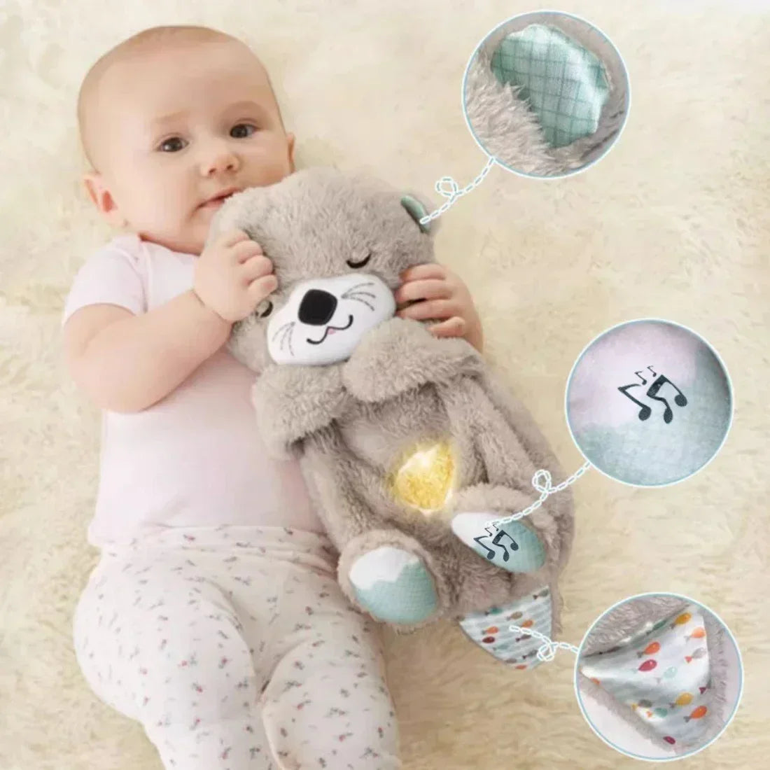 A baby, in a white outfit, lies on a soft surface holding the Soothing Breathing Otter Musical Plush Toy. Designed for newborn comfort, this sensory playmate features interactive glowing heart, musical notes, and textured patterned areas shown in circular close-ups.