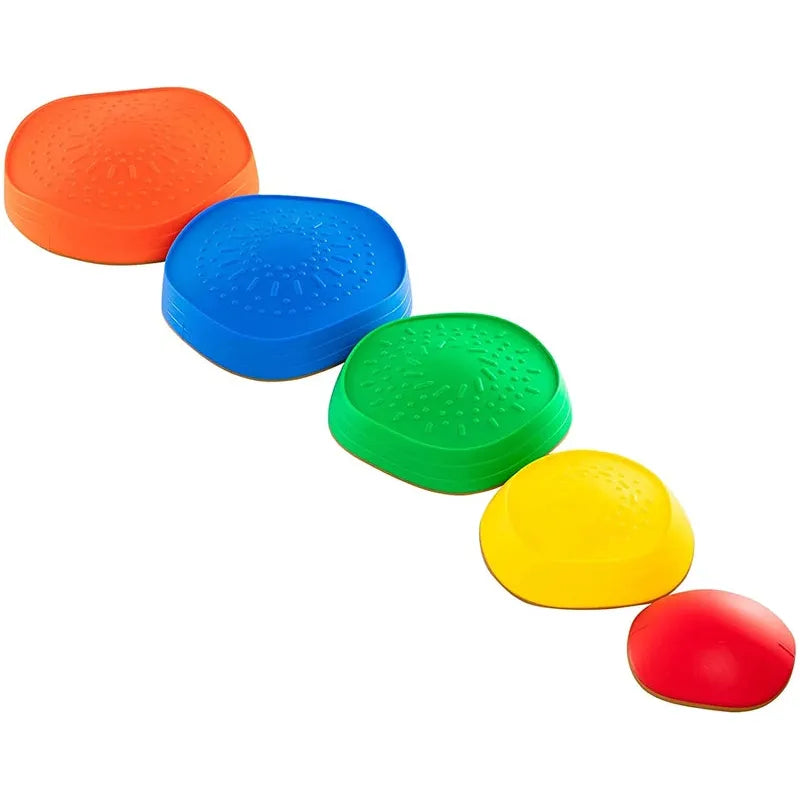 The Kids 5-Piece Outdoor Balance Stepping Stones Set features vibrant silicone lids in orange, blue, green, yellow, and red with textured domed surfaces, perfect for coordination and obstacle play as they nest in descending order.