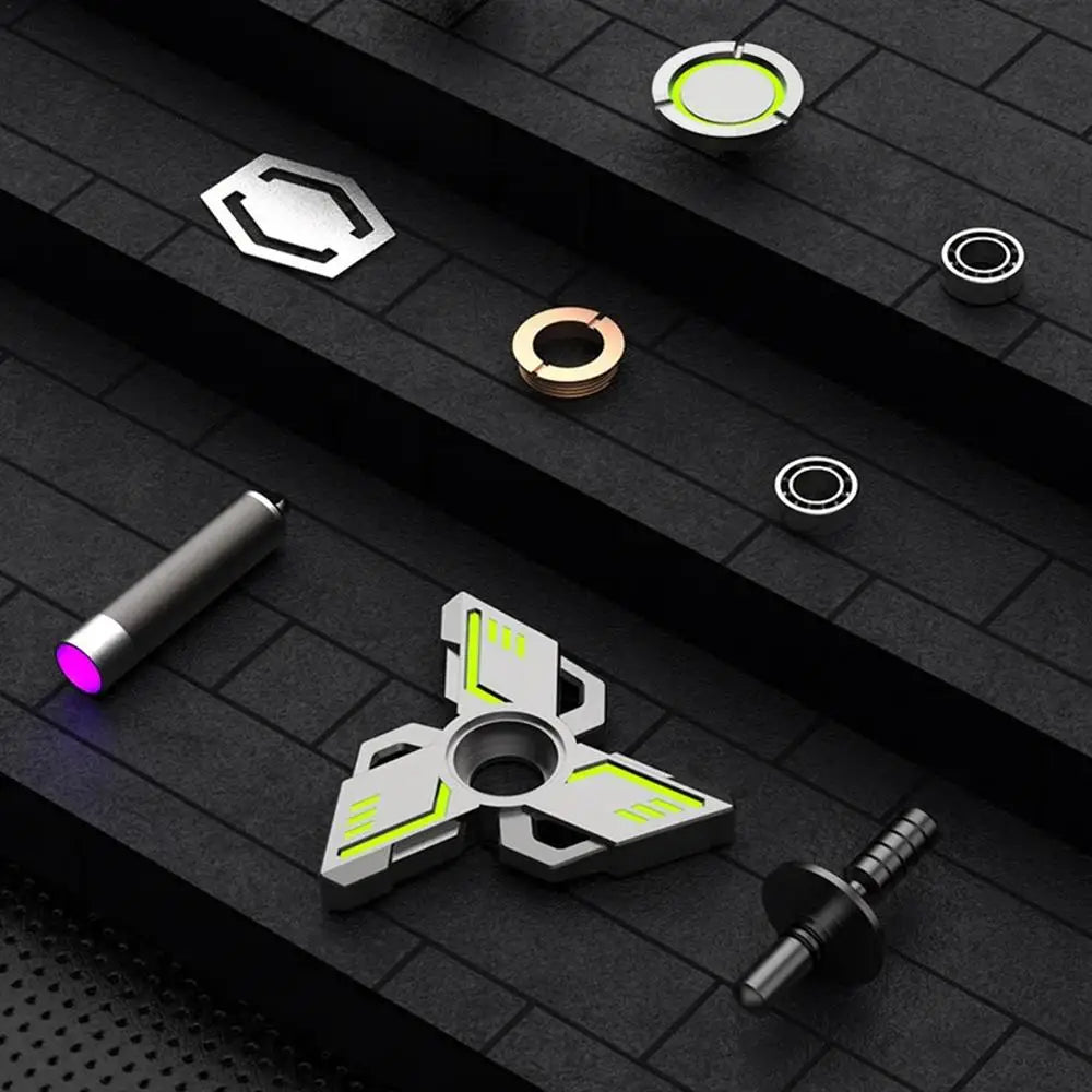 Image depicting a Spinner Gyroscope Toy disassembled, with neon green accents on a textured dark gray surface. It includes ball bearings, a central hex nut, and various mechanical components to enhance focus.