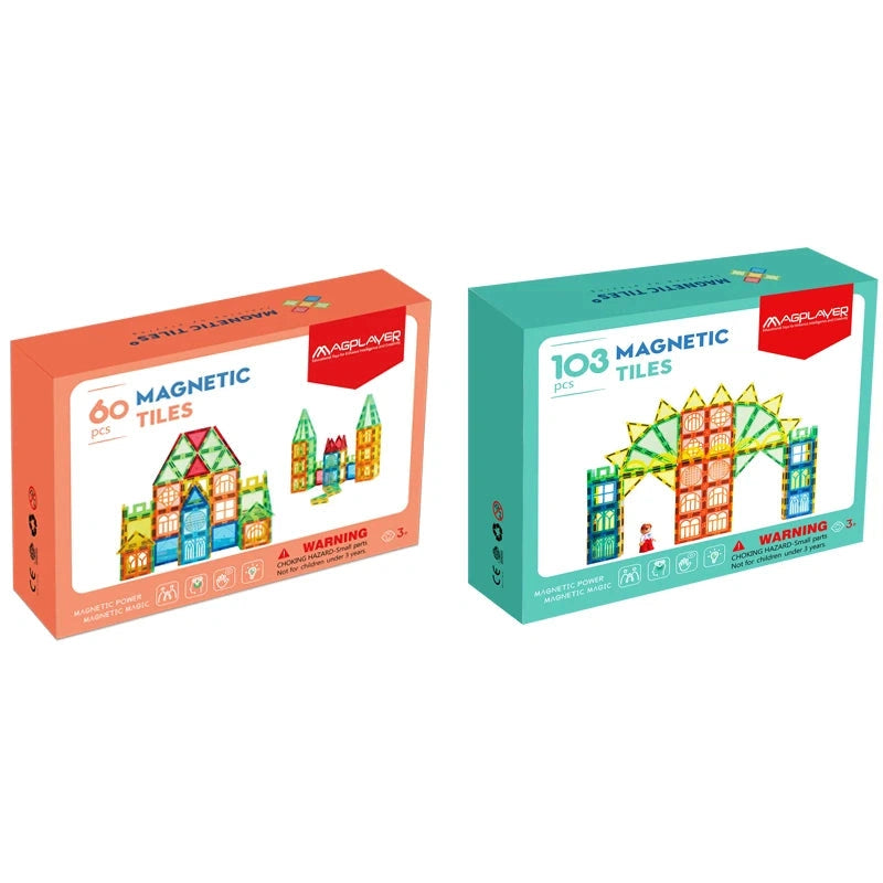 Two boxes of Creative Magnetic Building Blocks Set for Kids - Educational Tiles: the left box has 60 pieces and the right box contains 103 pieces. Each vibrant box displays colorful tile images, perfect as an educational toy for ages 3 and up.