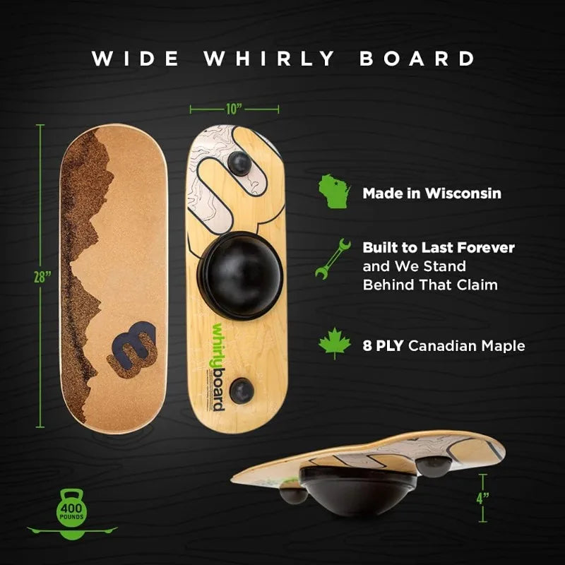 Image of the Wide Standing Desk Balance Board for Anti Fatigue Comfort: 28x10, crafted in Wisconsin from 8-ply Canadian maple. Supports up to 400 lbs. Overhead and side views show its unique 3D motion—perfect for standing desk users.