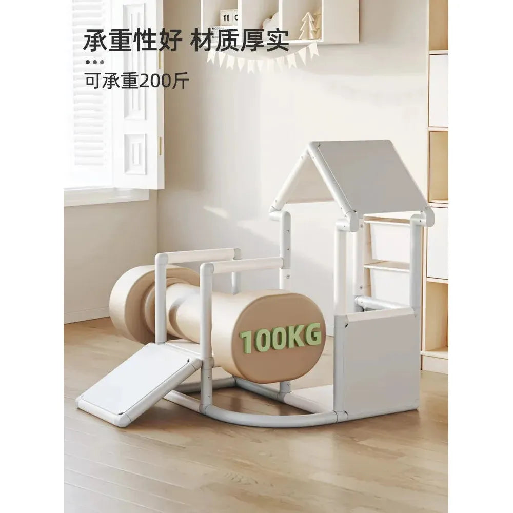 The Indoor Climbing Adventure Set for Kids in cream and white offers a sensory integration tool with a slide, stairs, and 100KG labeled cylindrical frame. Suitable for light-filled rooms with wooden floors, it provides safe climbing and supports up to 200 pounds.