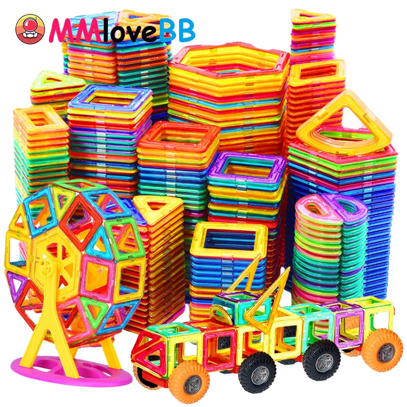 The Giant Magnetic Building Blocks Set for Kids includes colorful squares, triangles, and hexagons made from safe, durable materials. Neatly stacked with a toy vehicle and Ferris wheel in the foreground, it enhances STEM learning through play for boys and girls ages 4-12.