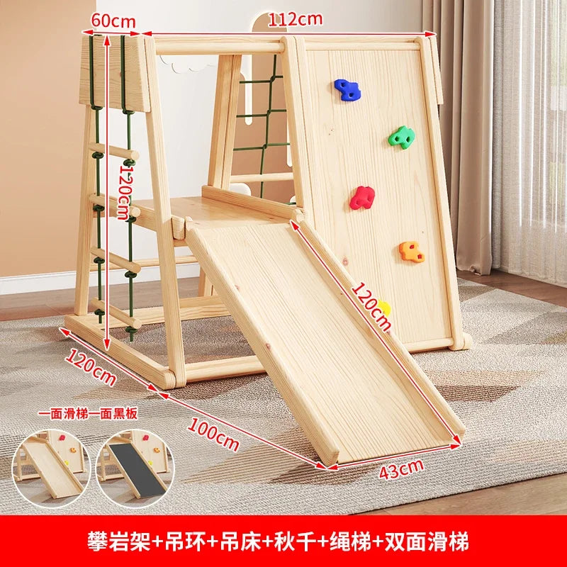 Enjoy endless fun with the Versatile Solid Wood Indoor Climbing Frame for Kids’ Sensory Development, featuring a slide and colorful climbing wall. At 112cm high, 120cm wide, and 60cm deep, its set against a light wood floor with sheer curtains behind.