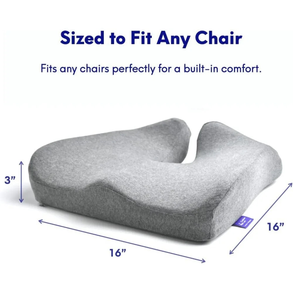 The Cushion Lab Patented Pressure Relief Seat Cushion is a gray, ergonomic memory foam cushion with a U-shaped cutout, measuring 16 x 16 x 3. Designed to fit any chair for built-in comfort during long sitting hours in the office, home, car, or wheelchair.