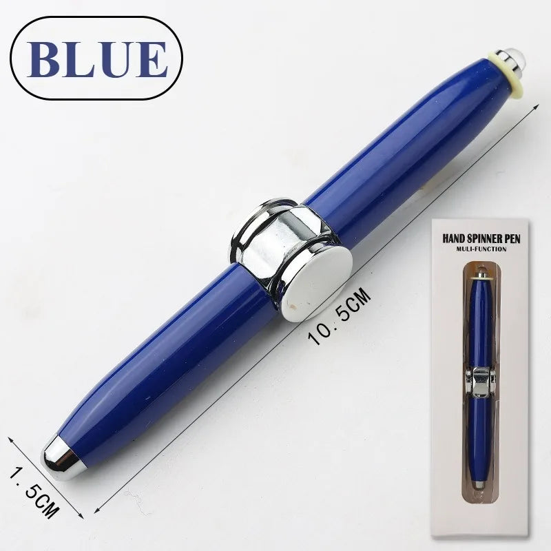 A set of 4 blue rechargeable metal fidget pens with LED & spinner, each multifunctional for anxiety relief. Each pen comes in HAND SPINNER PEN packaging with brand and certification details on the box.