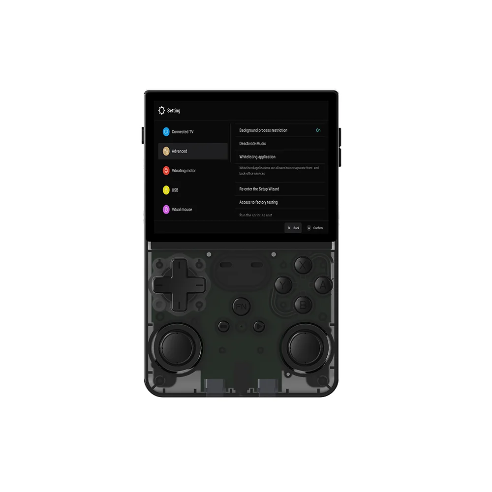 The L35 Retro Handheld Open Source Emulator features a transparent lower section revealing its internals and a screen displaying a settings menu. With 10,000 classic games, its perfect for open-source gaming fans.