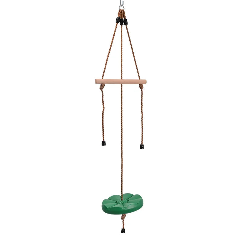 The Disc Swing Gym Monkey Bars Tree Swing Set is a green disc swing with a rope seat and wooden handlebar, suspended by brown ropes—ideal for indoor or outdoor play as a tree swing or with monkey bars for extra backyard fun.