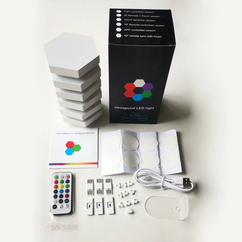 The Modular Hexagonal LED Wall Panels offer sensory support and calming ambiance with color-changing hexagonal lights. Includes a remote, USB cable, connectors, mounting accessories, and user manual. Enhance your space effortlessly with this DIY night light kit.