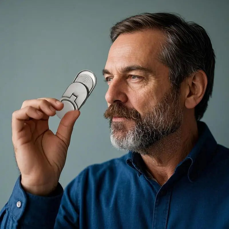 A bearded man in a blue shirt holds the Fidget Slider Magnetic Metal Spinner Toy up to his right eye, peering through it thoughtfully as if planning his next adventure, with a plain background behind him.
