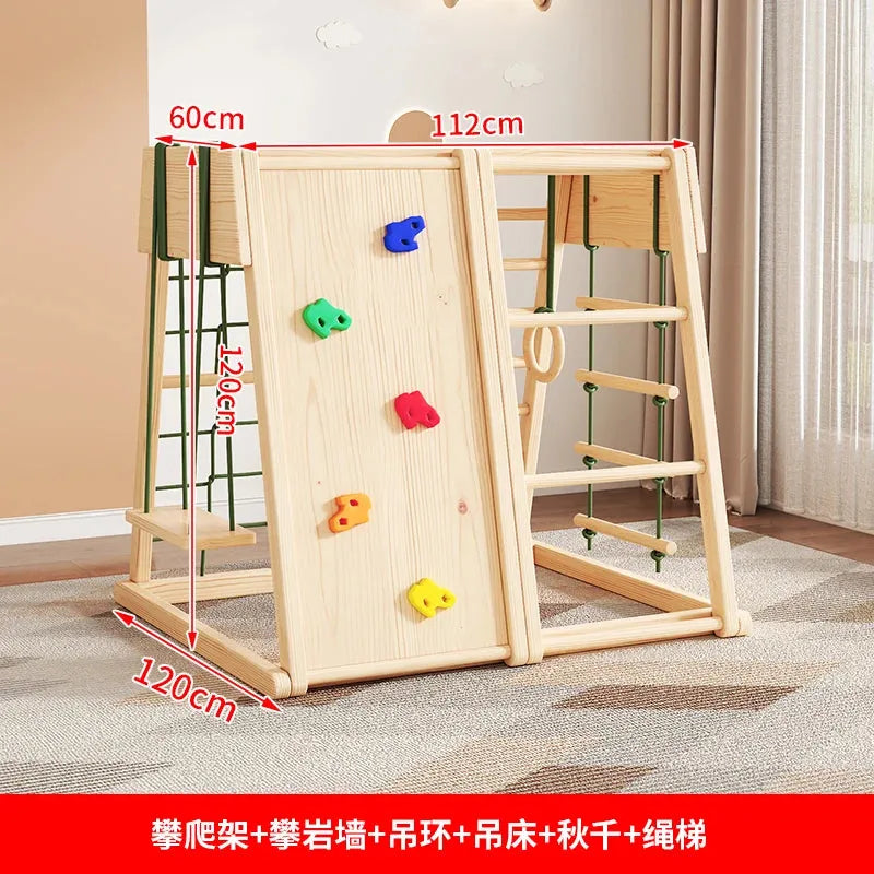 The Indoor Wooden Climbing Frame for Kids includes a climbing wall, slide, ladder, and swing with colorful grips. It measures 120cm in height and width, and 112cm in length, sitting on an abstract-patterned floor for sensory development and fun.