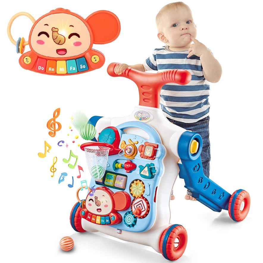 A baby stands behind the blue VATOS Baby Walker 5 in 1 Sit-to-Stand Learning Scooter, featuring interactive toys, music, and lights. A detachable orange and yellow elephant-shaped musical toy appears separately in the top left corner.