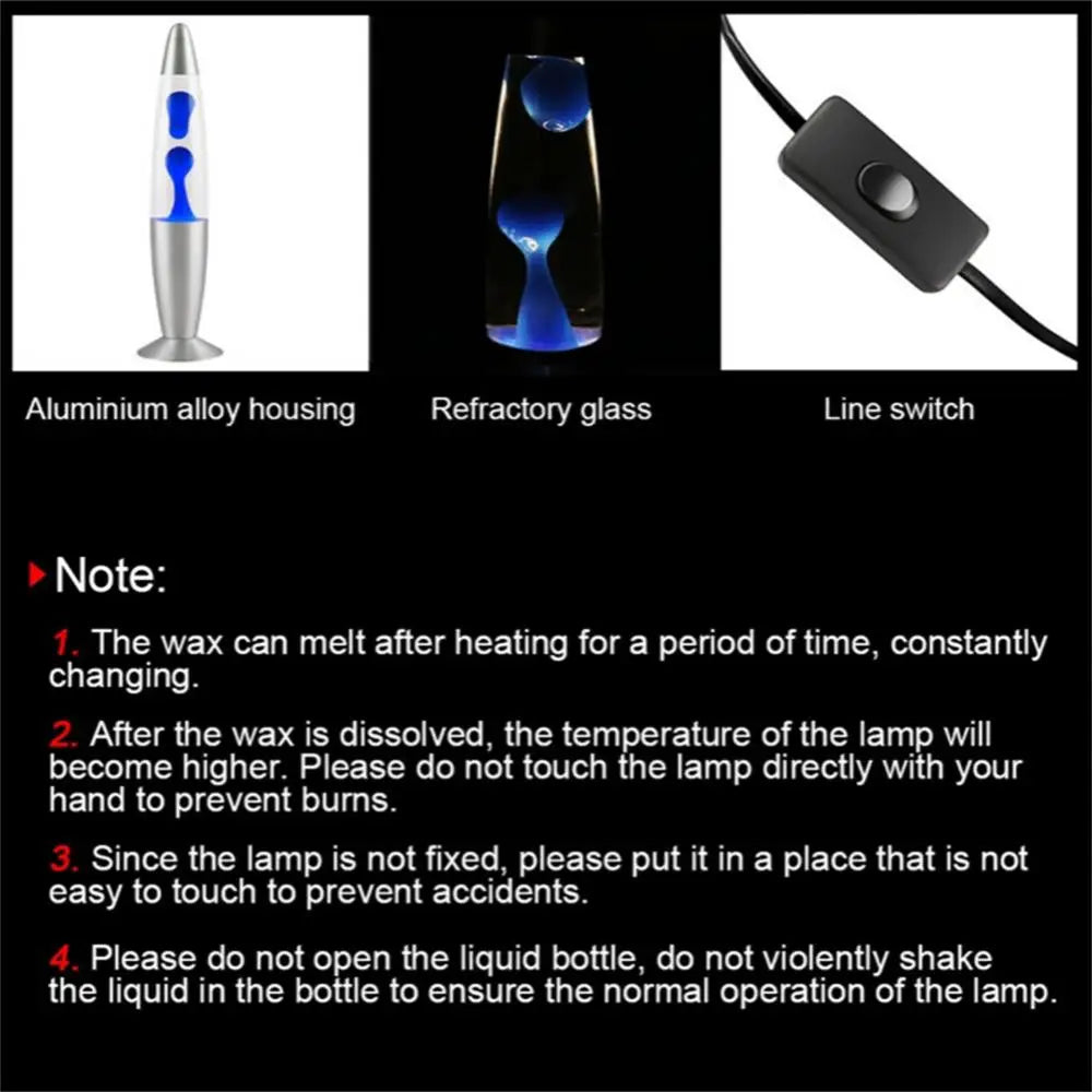 The Mesmerizing Jellyfish Lava LED Night Light, crafted from aluminum alloy with blue wax and refractory glass, includes a line switch for easy use. Ensure safe enjoyment by following precautions on heat, handling, stability, and maintenance. Ideal for kids rooms and home ambiance.
