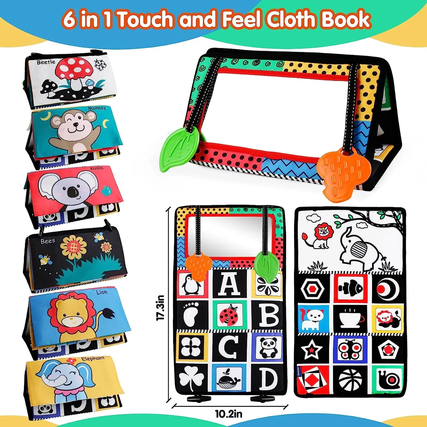 The Crinkle Cloth Book is a 6-in-1 sensory exploration toy for infants, featuring colorful animal illustrations and learning elements like ABCs and shapes. It includes engaging textures, is foldable for easy handling, and measures 10.2 by 7.3 inches.