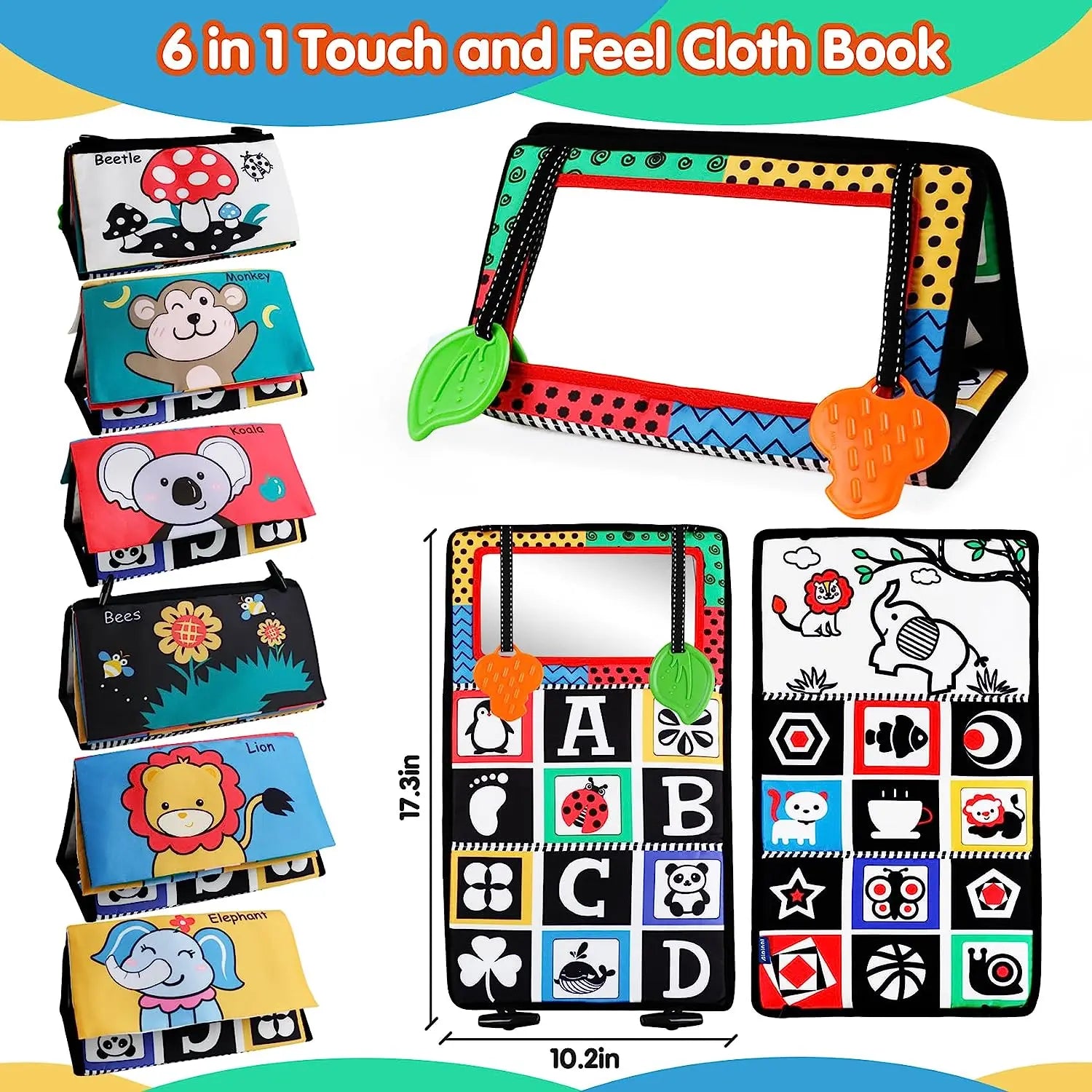The Crinkle Cloth Book is a 6-in-1 sensory exploration toy for infants, featuring colorful animal illustrations and learning elements like ABCs and shapes. It includes engaging textures, is foldable for easy handling, and measures 10.2 by 7.3 inches.