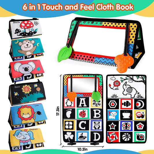The Crinkle Cloth Book is a 6-in-1 sensory exploration toy for infants, featuring colorful animal illustrations and learning elements like ABCs and shapes. It includes engaging textures, is foldable for easy handling, and measures 10.2 by 7.3 inches.