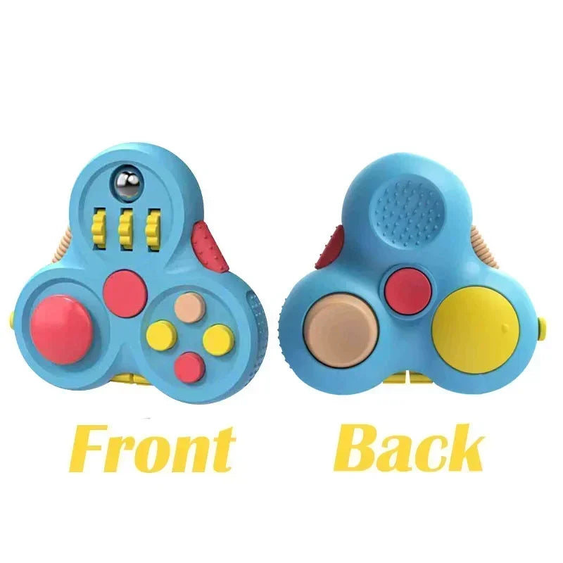 The Rotating Magic Bean Fidget Pad, made of durable ABS, is shown from the front with colorful buttons and a metal ball and from the back with textured pads and dials—ideal for kids aged 3-6.