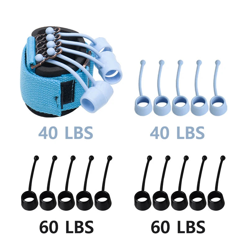 The Forearm Grip Strengthener is a hand and finger trainer featuring four silicone resistance bands to boost hand strength: two light blue bands at 40 LBS, two black bands at 60 LBS, and an adjustable blue strap with multiple attachment points for an effective grip workout.