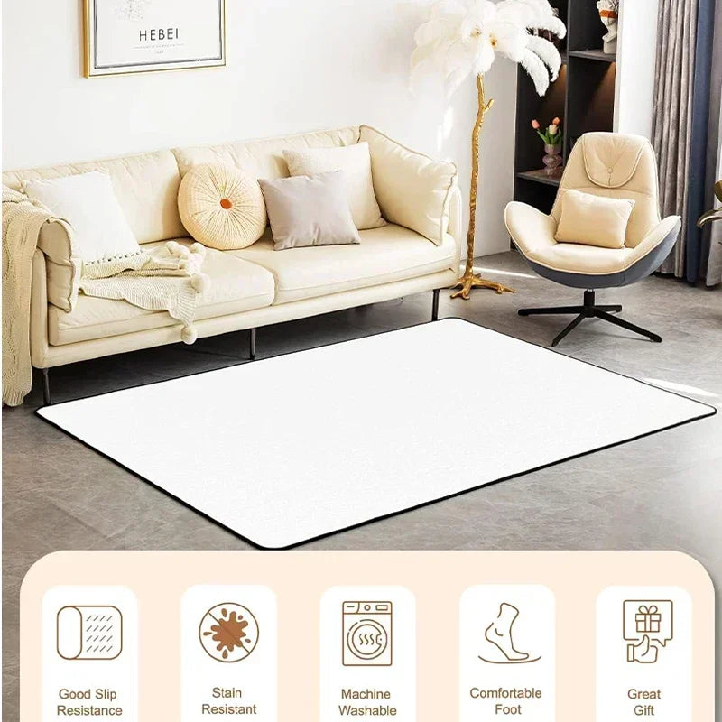 A modern living room features the Hopscotch Printing Carpet, a non-slip, stain-resistant, machine-washable rug that adds comfort and style. Four icons highlight its slip resistance, stain resistance, washability, and comfy feel.