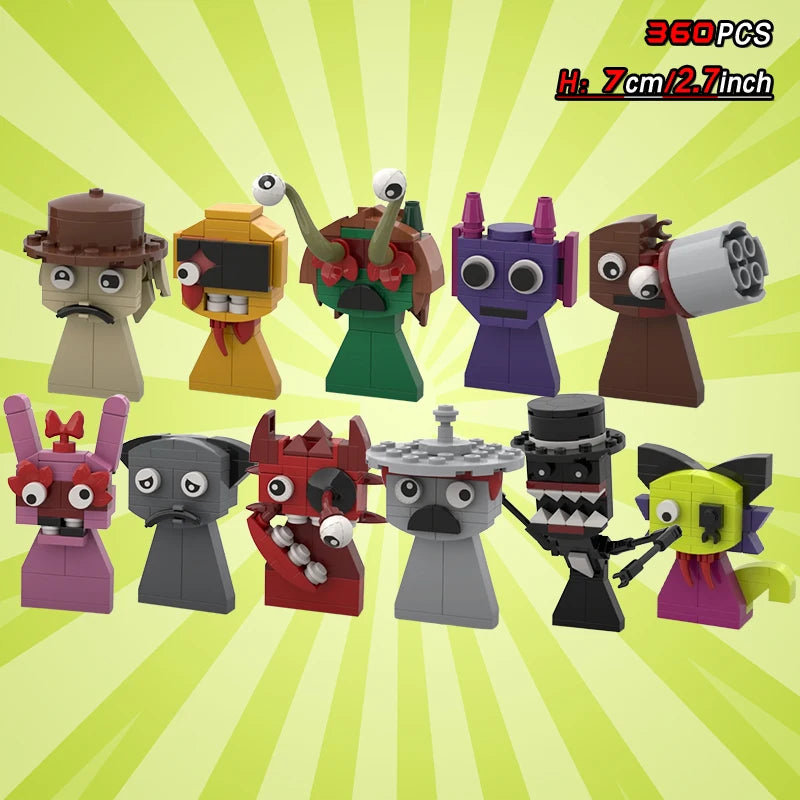 Twelve black cartoon building block figures from the New Moc Incredibox Sprunki Building Blocks Set stand on a yellow background. Exaggerated faces and accessories add fun. Text: 360 PCS, H: 7 cm / 2.7 inch. Great for horror anime music fans!.