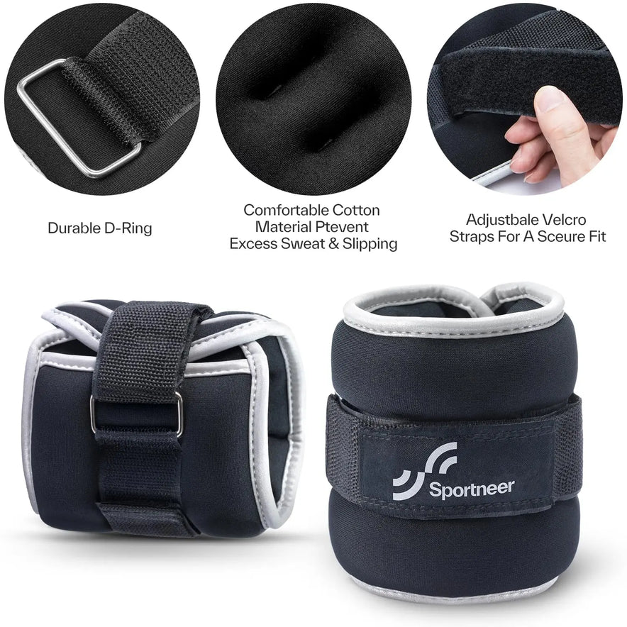 The image displays the Sportneer Adjustable Ankle and Wrist Weights Set, featuring durable D-rings, comfortable cotton material, and adjustable Velcro straps. A hand adjusts the strap on these 2 lbs pair weights with Sportneer branding, perfect for strength training.