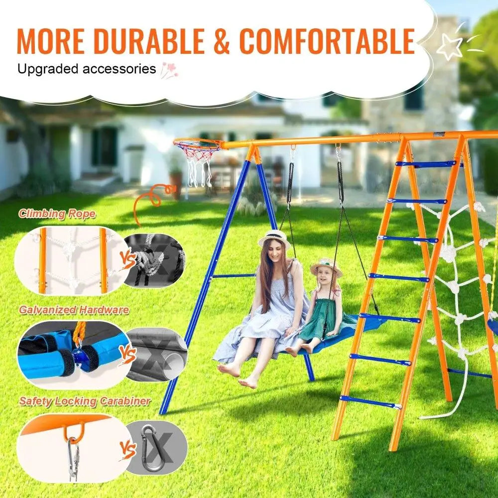 Two children enjoy the for backyard 6 in 1 Metal Swing Set for Kids (440lbs capacity) in a grassy yard. Inset images highlight easy assembly, climbing rope, galvanized hardware, and a safety locking carabiner.
